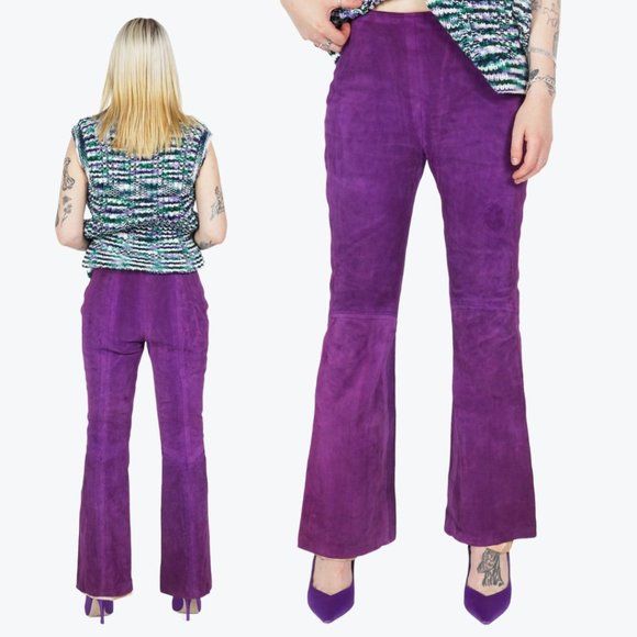 VINTAGE 80s Purple Suede Flared Bootcut High Rise Pants - Picture 2 of 3